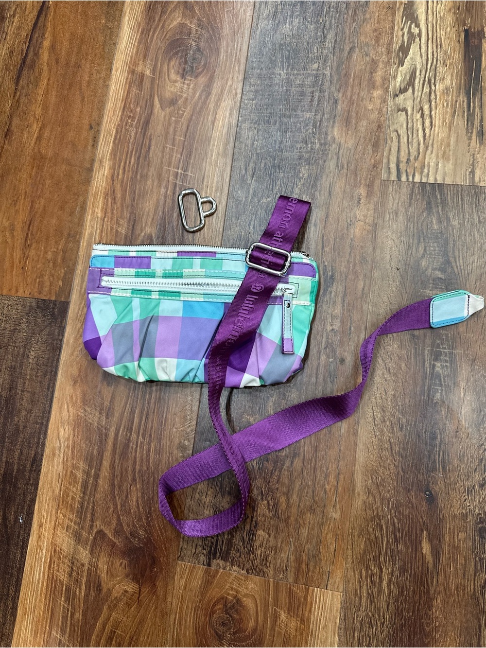 Vintage Lululemon Purple & Mint Plaid Crossbody Bag with Adjustable Strap